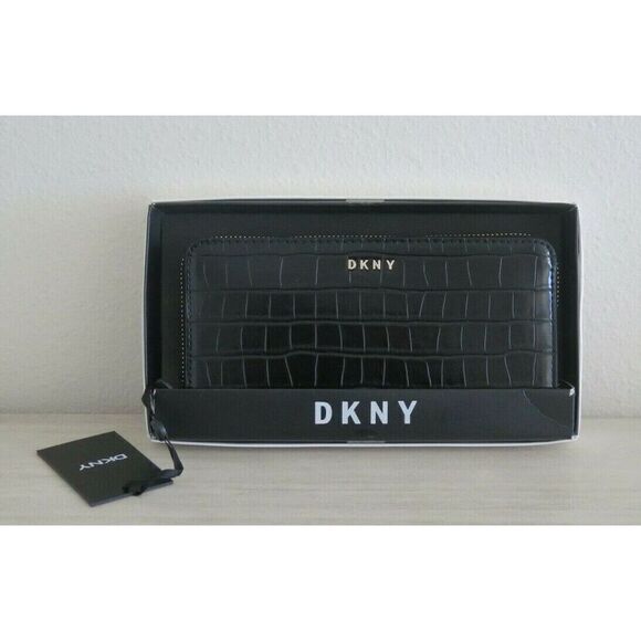 DKNY Black Croc Embossed PU Leather Vela Large Zip Around Wallet $128 - Picture 1 of 12